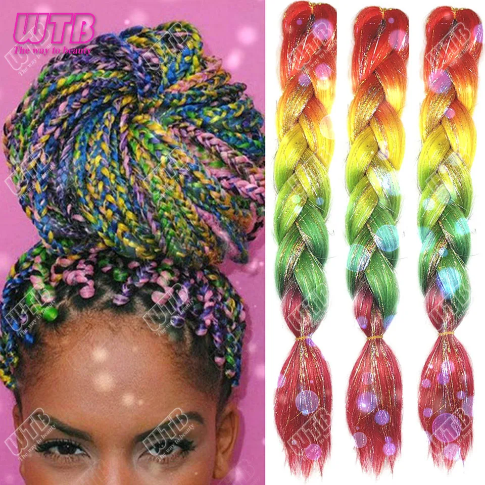 Women's Jumbo Glitter Synthetic Braids Extensions - Long Straight Ombre Hair with Tinsel Highlights for Halloween Party Use