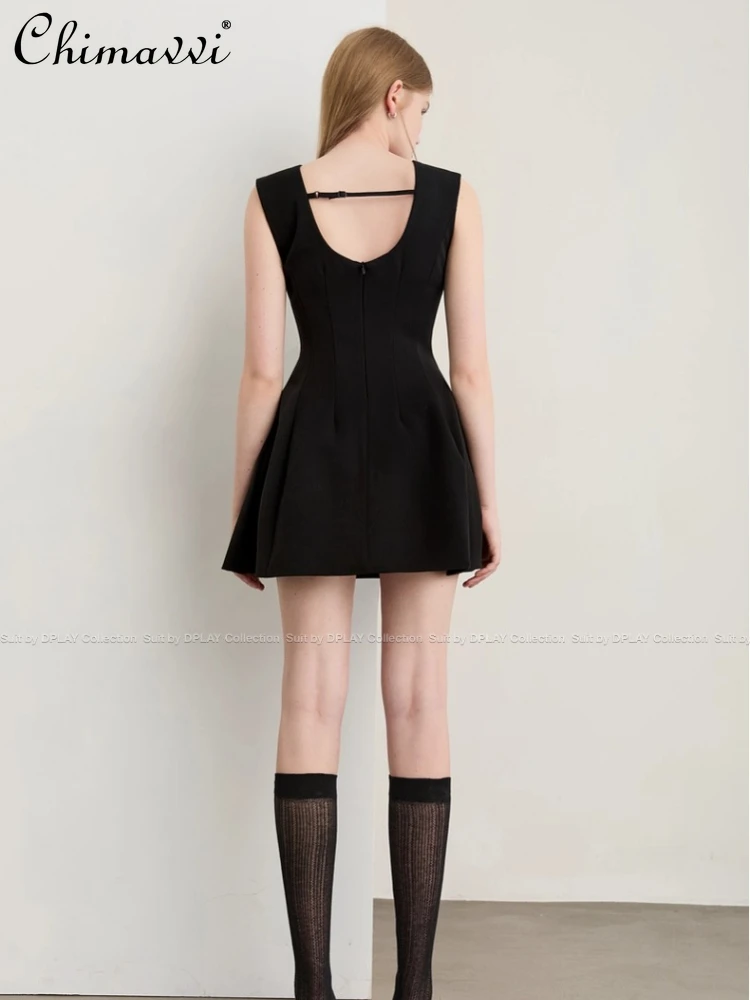 

French Fashion Elegant Round Neck Sleeveless Sexy Backless High Waist Slim A-line Black Short Evening Dress For Women Summer
