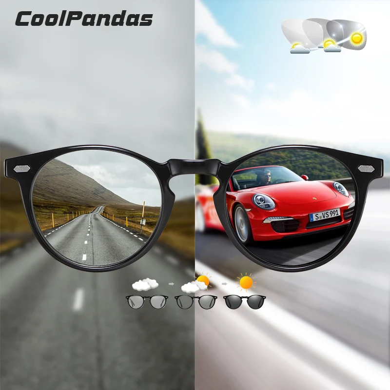 

Fashion TR90 Round Sunglasses Polarized Trendy Rivet Frame Photochromic Glasses For Man Ultralight Chameleon Anti-glare Goggles