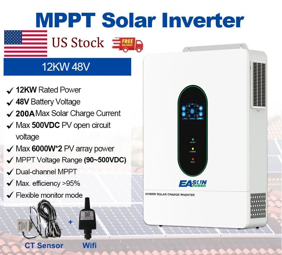 

Гибридный солнечный инвертор 12 кВт 48В, гибридный AC 120В/240В, MPPT 200А, параллельный BMS