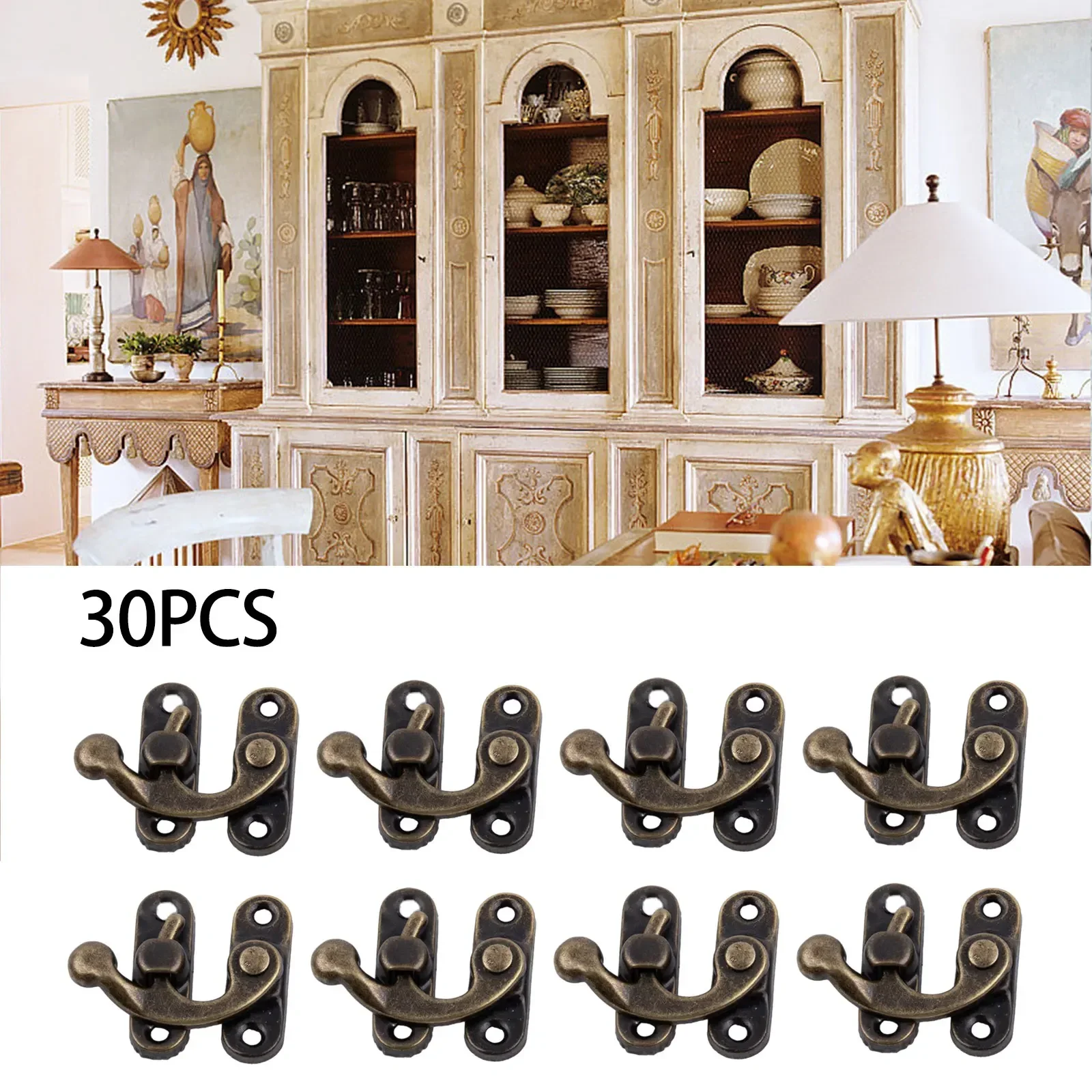 30pcs Horns Locks Antique Bronze Iron Padlock Hasp Hook Lock Curved Buckle With Screws For Jewelry Wooden Box Metal Lock