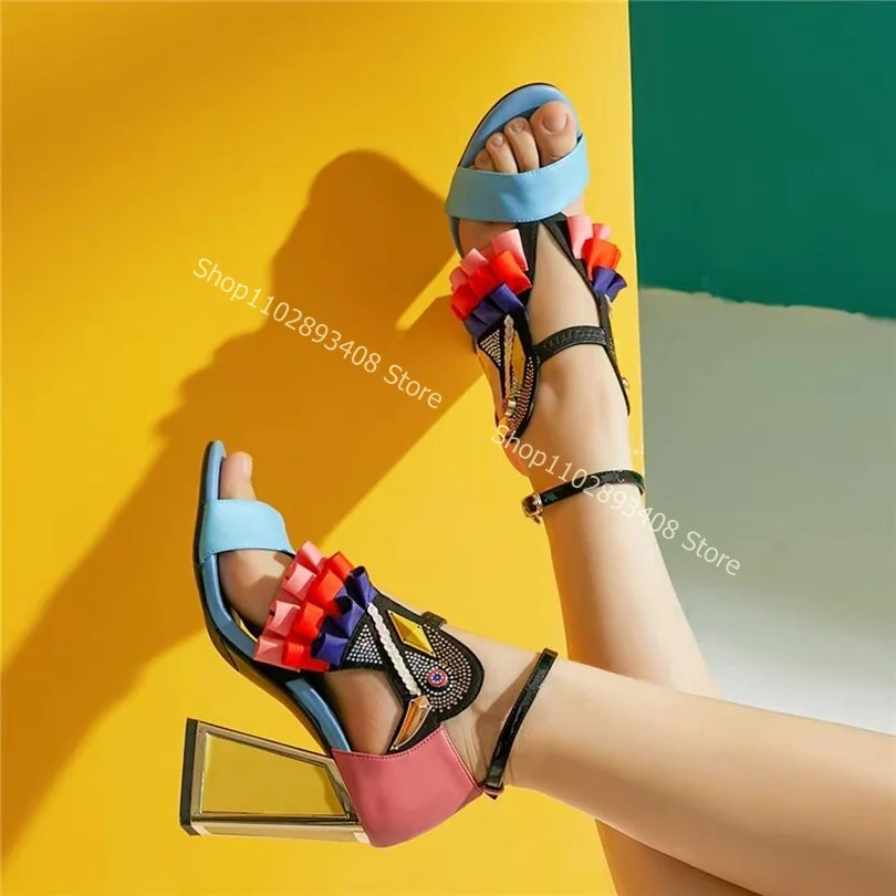 Mixed Color Crystal Totem Sandals Open Toe Cover Heel Shallow Chunky High Heels Women Summer Shoes Dress Shoes Zapatillas Mujer