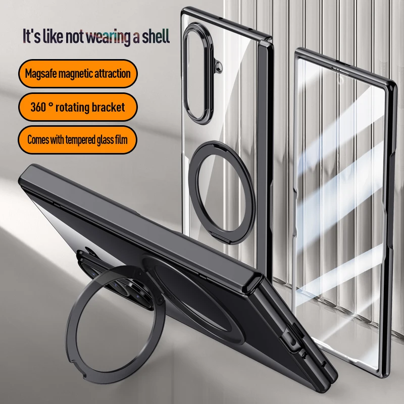 

For Samsung Galaxy Z Fold 7 Clear Electroplated Case Funda Holder Magnetic Full Protection Cover With Tempered Film Phone Cases