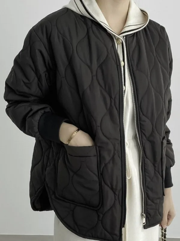 

Casual Korean Sle Women's Cotton Jaet Warmth Lined Coat Long Sve Zipper Closure Color Slimming Design Autumn Winter