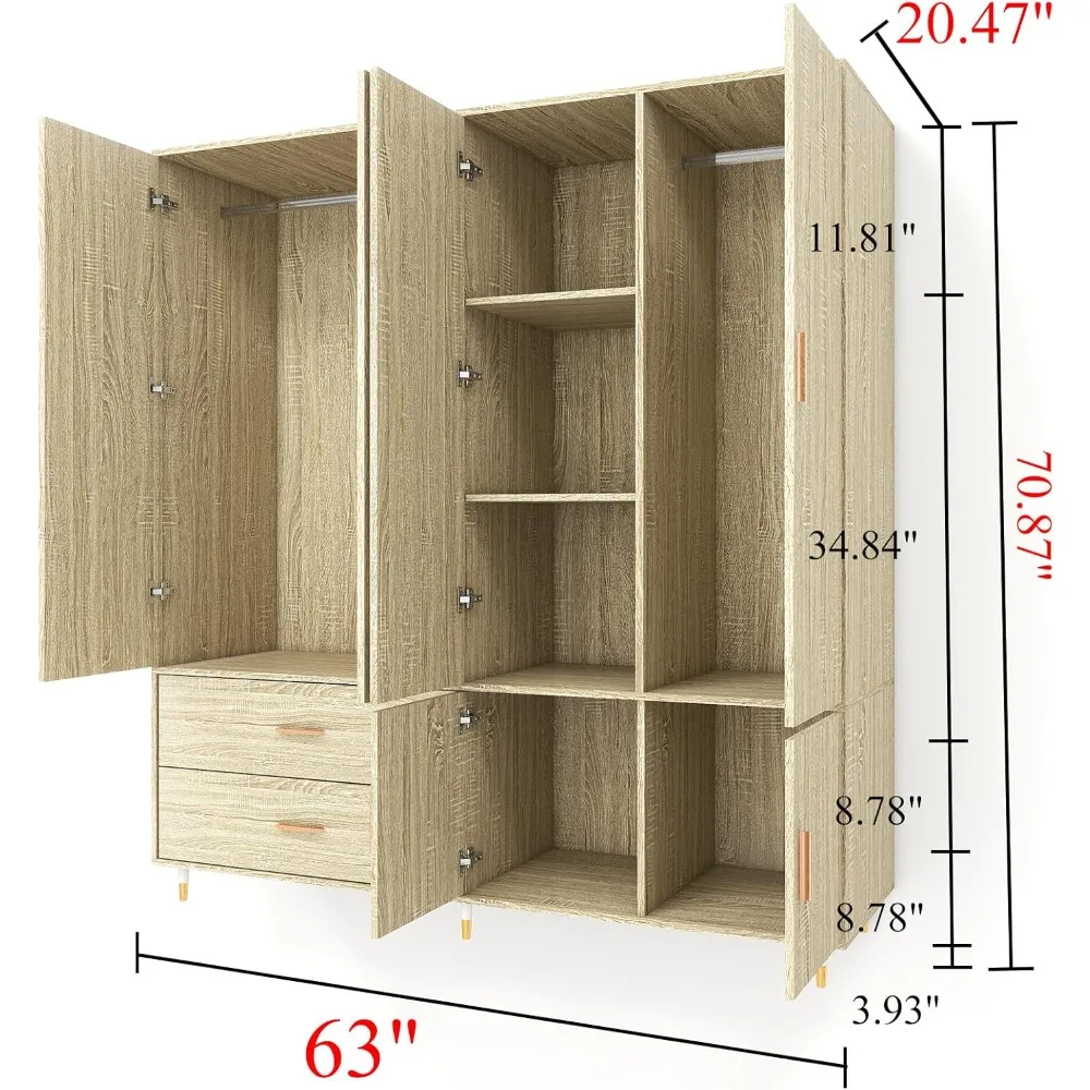 Armario Armario con 4 puertas, 2 varillas para colgar, armario con 2 cajones y espejo (63" de ancho x 20,4" de profundidad x 70,8 "alto)