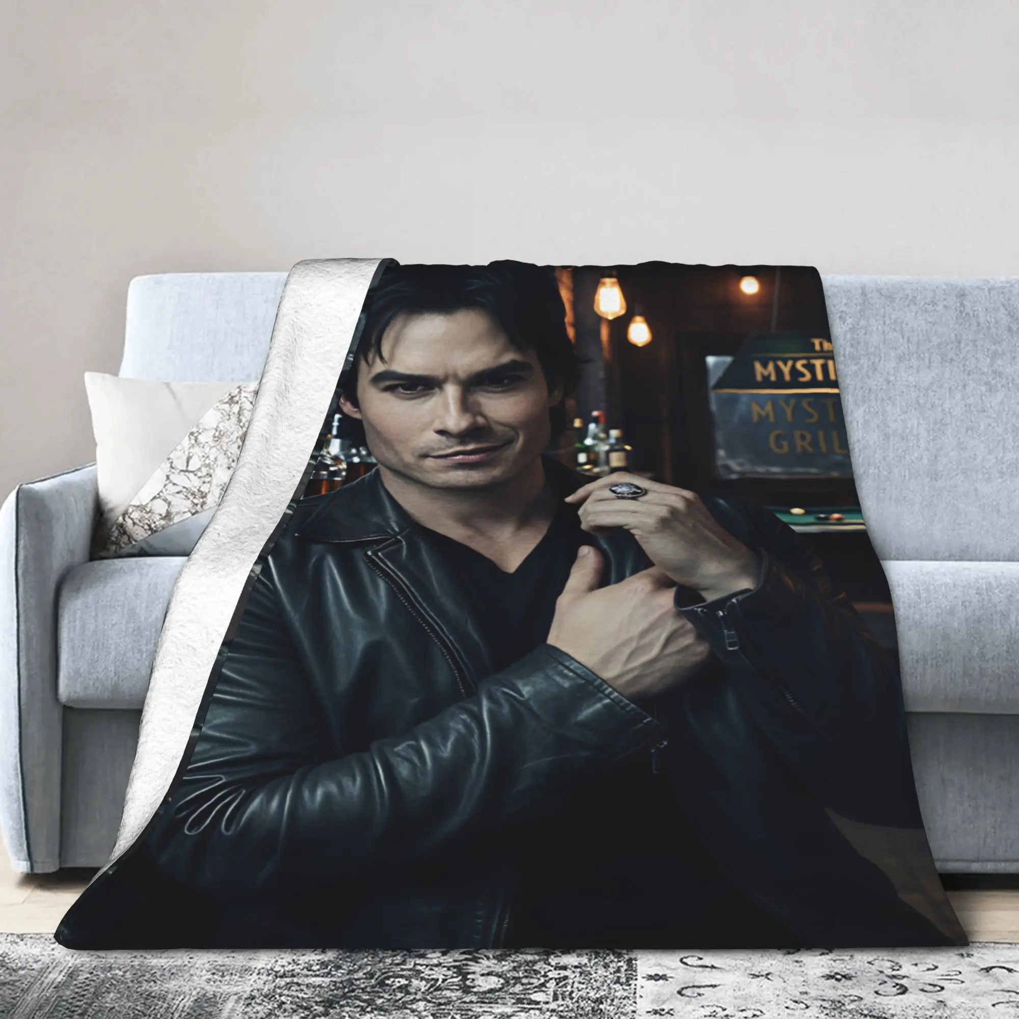 Damon Salvatore Leather Jacket Shot Warm Soft Blankets Picnic Plush Throw Blanket Outdoor Flannel Bedspread Sofa Bed Cover