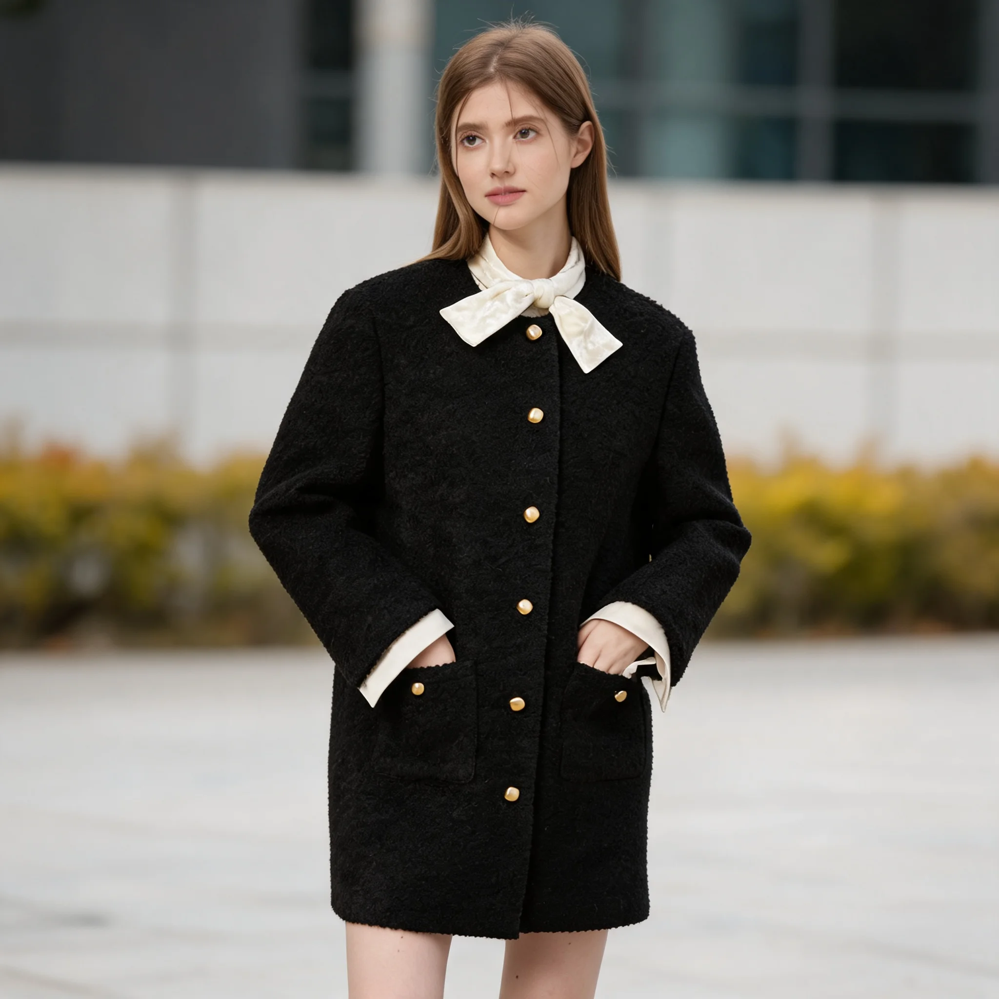 Thick Round Neck Coat Mid Long Length Elegant Commuter with Loose Fit Single Row Multi Button Closure Casual Women Autumn Jacket