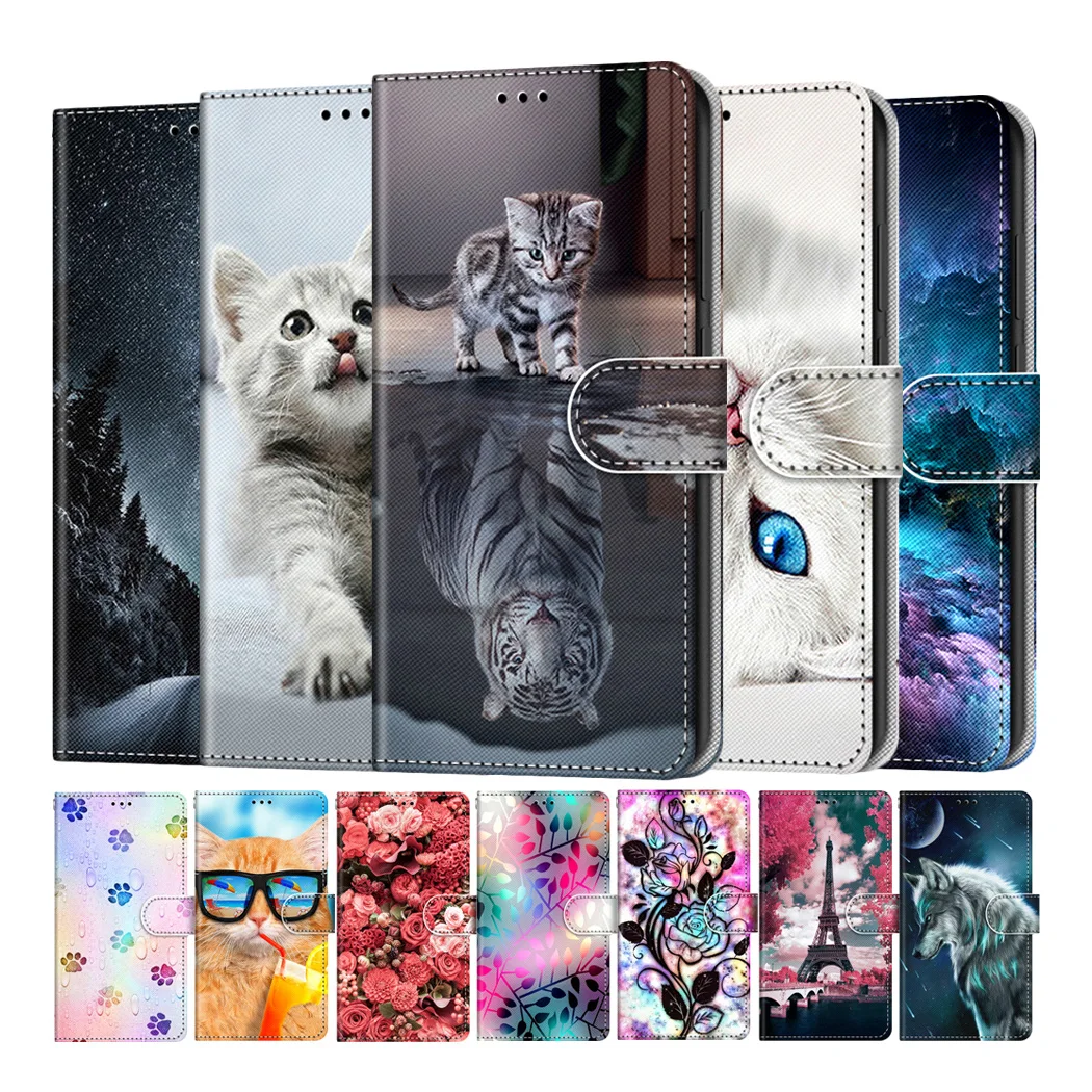 

Cute Cat Tiger Painted Card Slot Wallet Flip Case For OPPO A72 A53 A54 A74 A94 A95 4G 5G A57 A77 Book Cover Phone Bags Etui Capa