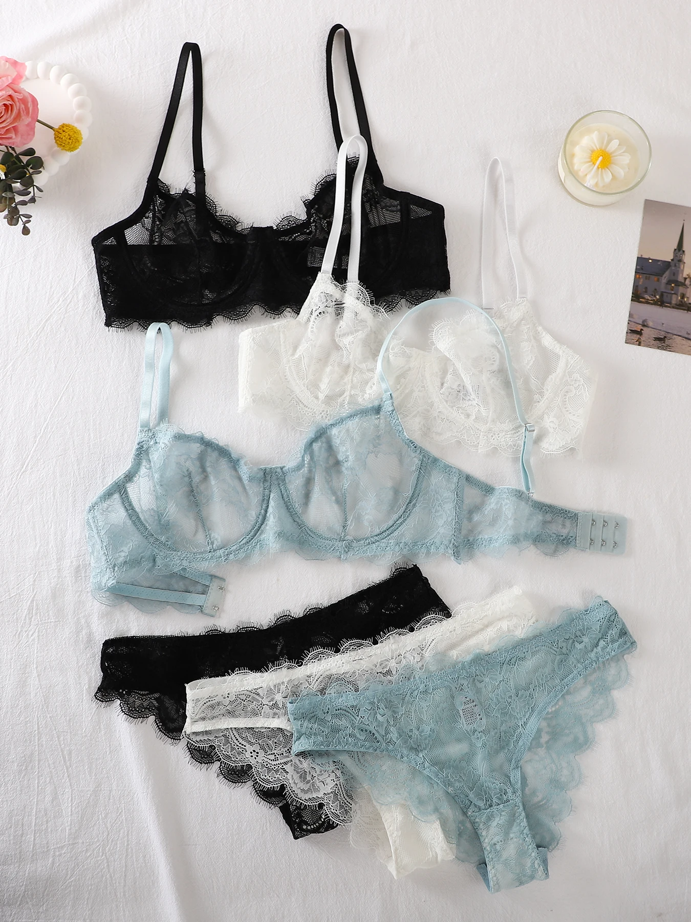 طقم مكون من قطعتين - حمالة صدر دانتيل + طقم سراويل داخلية - طقم حميم شفاف من الدانتيل - متعدد الألوان اختياري - طقم حميم نسائي من الدانتيل - طقم حميم مثير - مع حلقات فولاذية #5