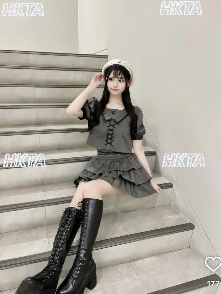 

Japanese Embroidery Pleated Bow Bubble Short Sleeve Plaid Leather Navy Collar Top Shirt Cake Puffy Mini Skirt Sets Women Outfit