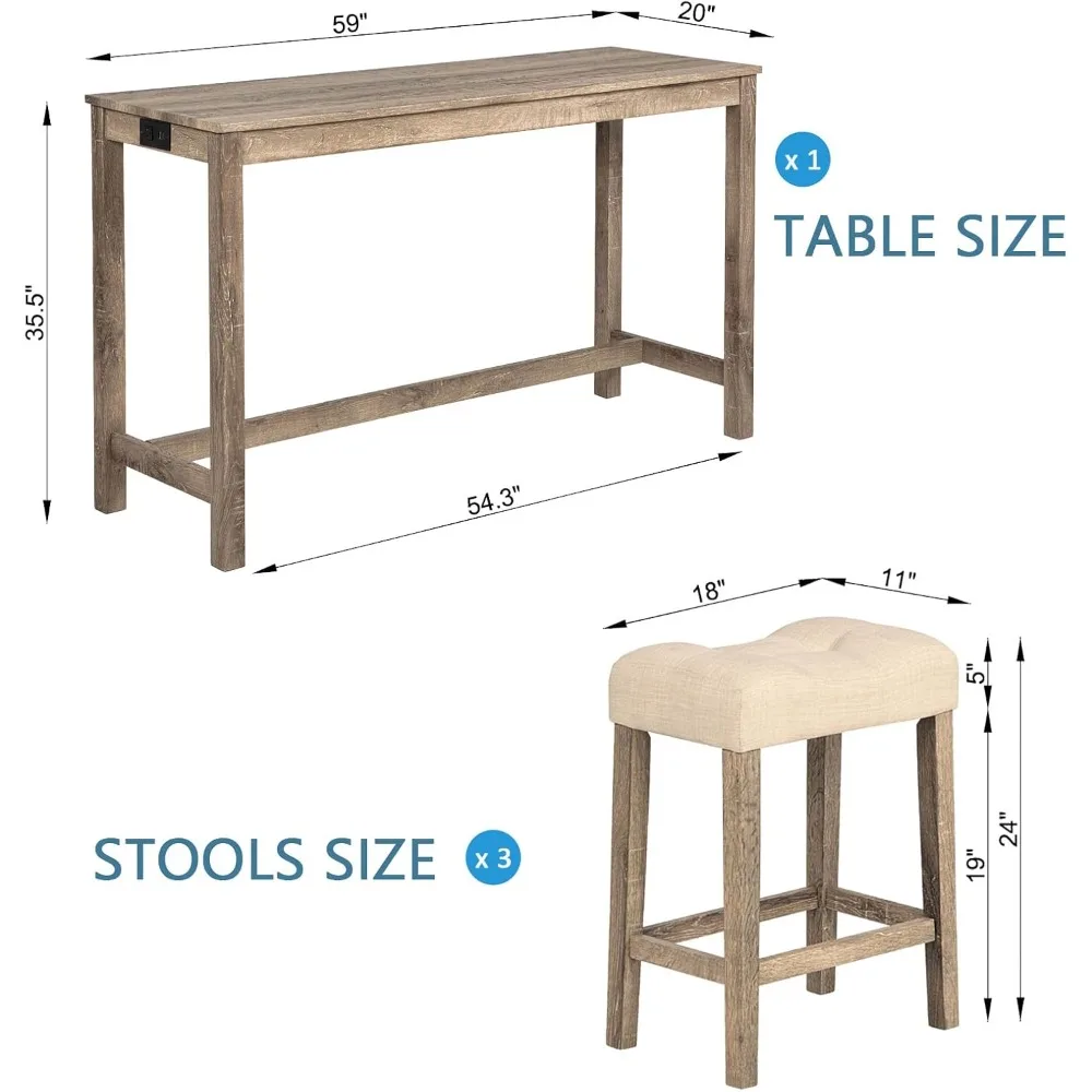 Juego clásico de mesa de bar con altura de mostrador para 3 personas con toma de corriente, juego de comedor de 4 piezas con taburetes acolchados, apartamento Condo S