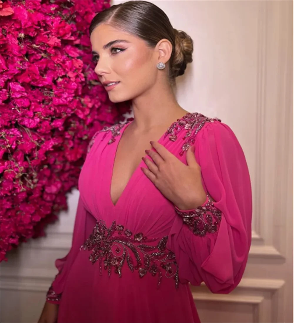 Graceful Fuchsia Chiffon Evening Dress With Beaded Long Sleeve V Neck Charming Puff Sleeve Backless A-Line Vestidos De Noche