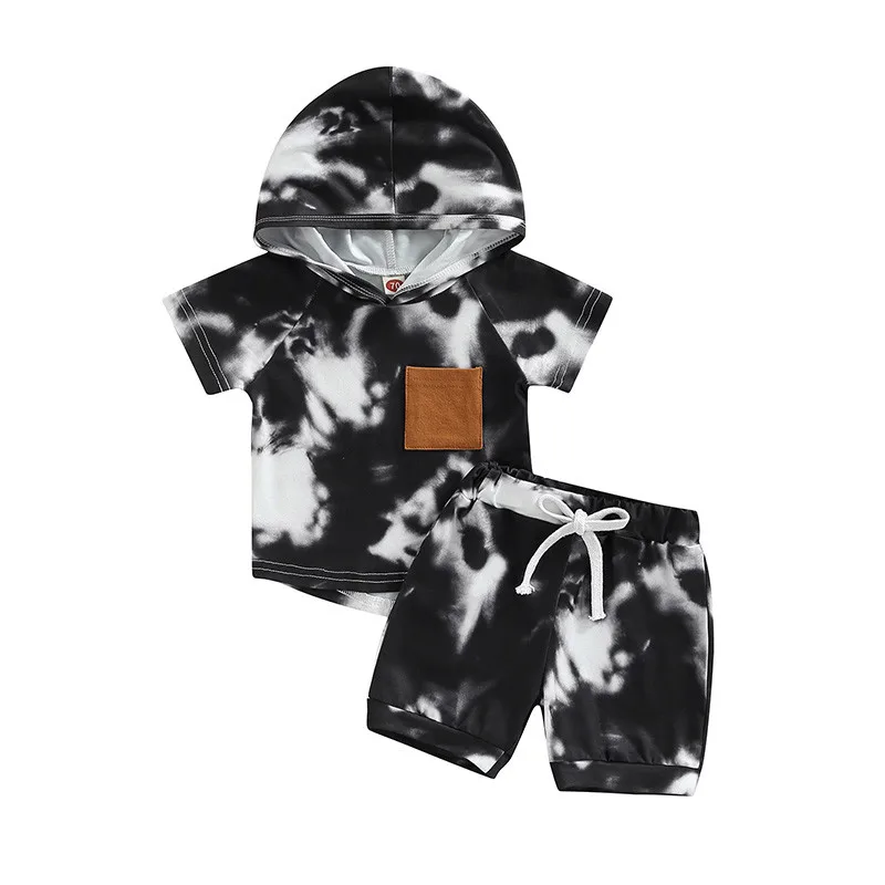 1-5years boys shorts Set Dyeing and printing  Hooded Pullover  Shorts Clothes Set for boys