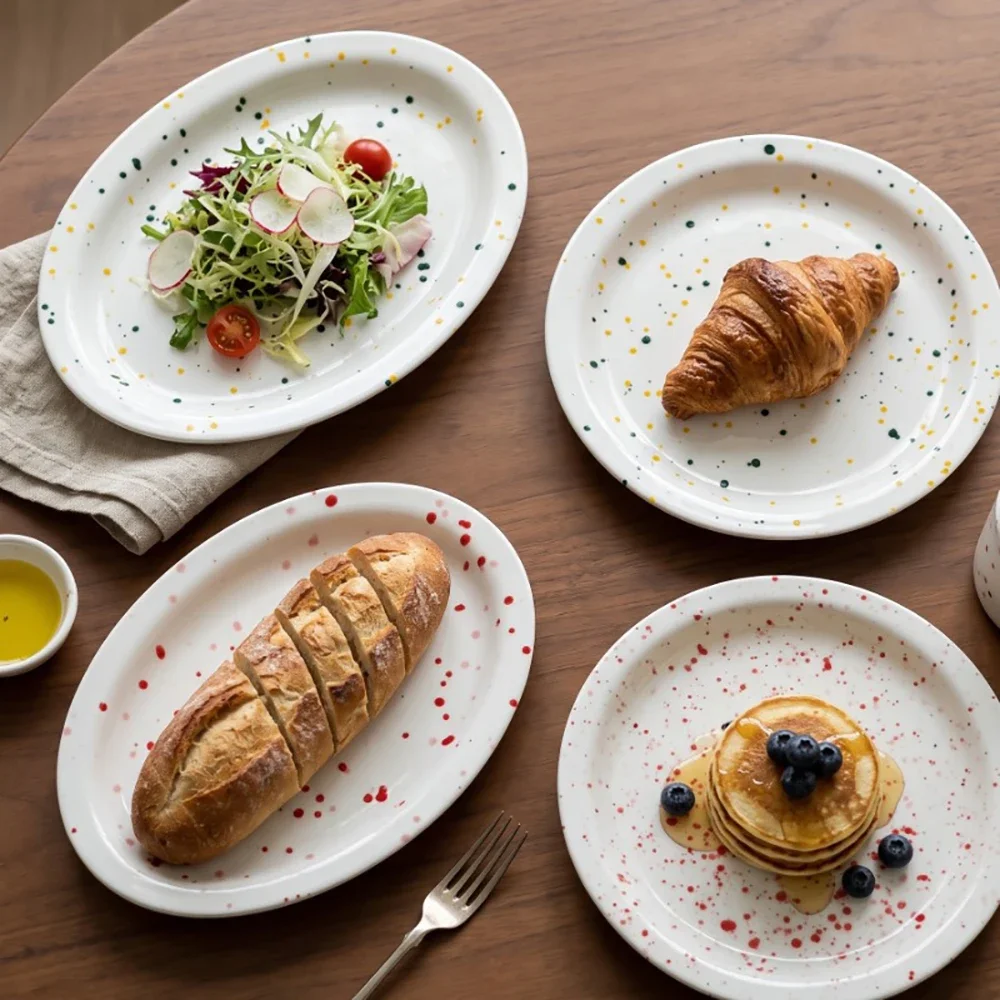 Household Splash Ink Ceramic Plate Korean Style Ins Flat Under Glazed Porcelain Tableware Fruit Salad Bread Cake Plates