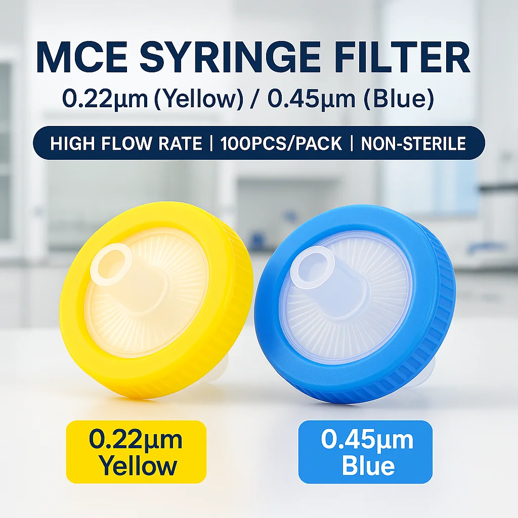 100PCS MCE Syringe Filters 0.22μm Yellow 0.45μm Blue Disposable, Non-Sterile Luer Lock  for Lab Filtration Use