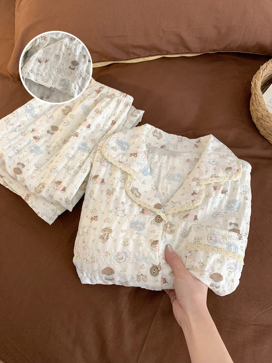 

Cloud Cotton Floral Bear Print Sleepwear Women's Home Clothes with Chest Pad Ultra Soft Spring Autumn Comfortable Loungewear