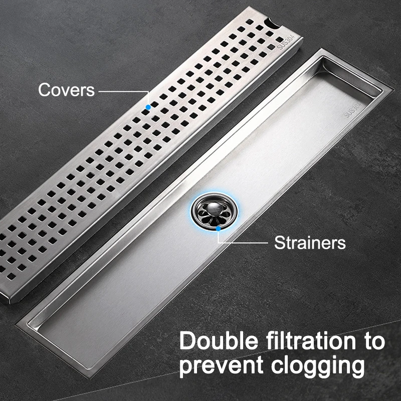 Stainless Steel Floor Drains Anti-odor Shower Drains Bathroom Waste Filter Drainage Long Strip Kitchen Accessories 20-100cm