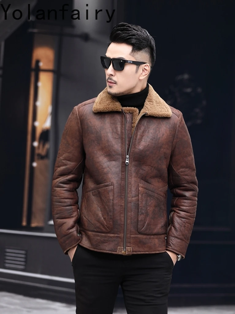 YOLANFAIRY Natuurlijke Bontjas Man Luxe Winter 100% Echte Schapenvacht Leren Jas Mannen Casual Korte Heren Lederen Bontjassen 2025