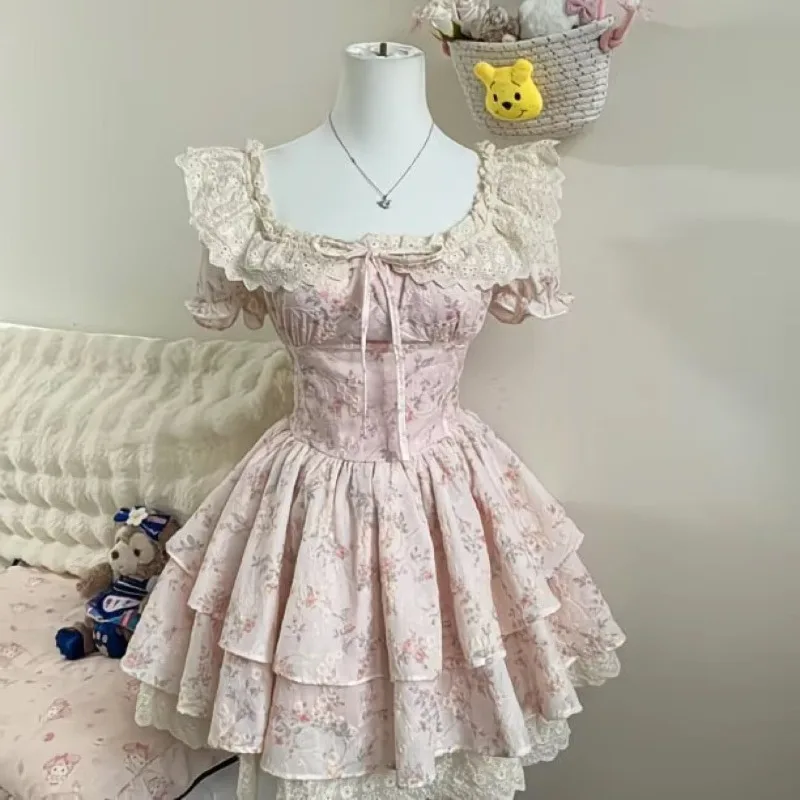 Princess Style Floral Dress for Women Summer New Women Clothing Sweet Cute Bubble Sleeves Multi-layer Pleated Lace Cake Dresses