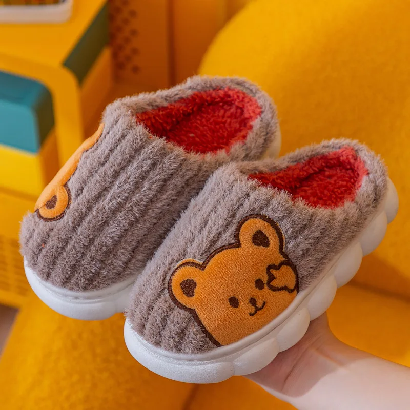 New Winter Kids Cotton Slippers Cute Bear Boy Plush Warm Children Home Shoes Indoor Non-Slip Platform Girls and Boys Footwear