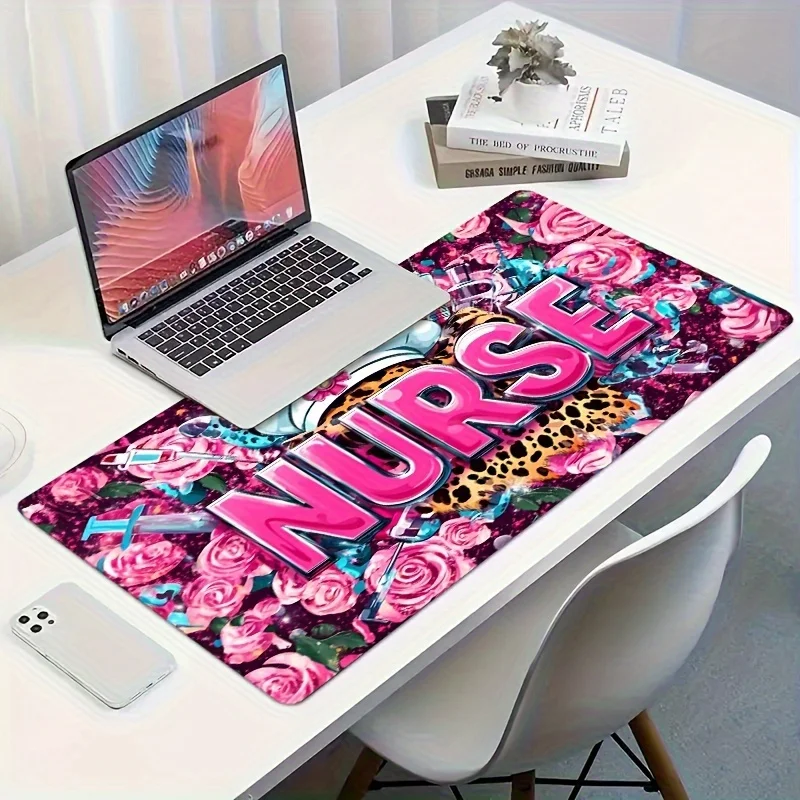 Nurse Pink Rose Leopard Print Extended Mouse Pad Rubber Non-Slip Gaming Desk Mat