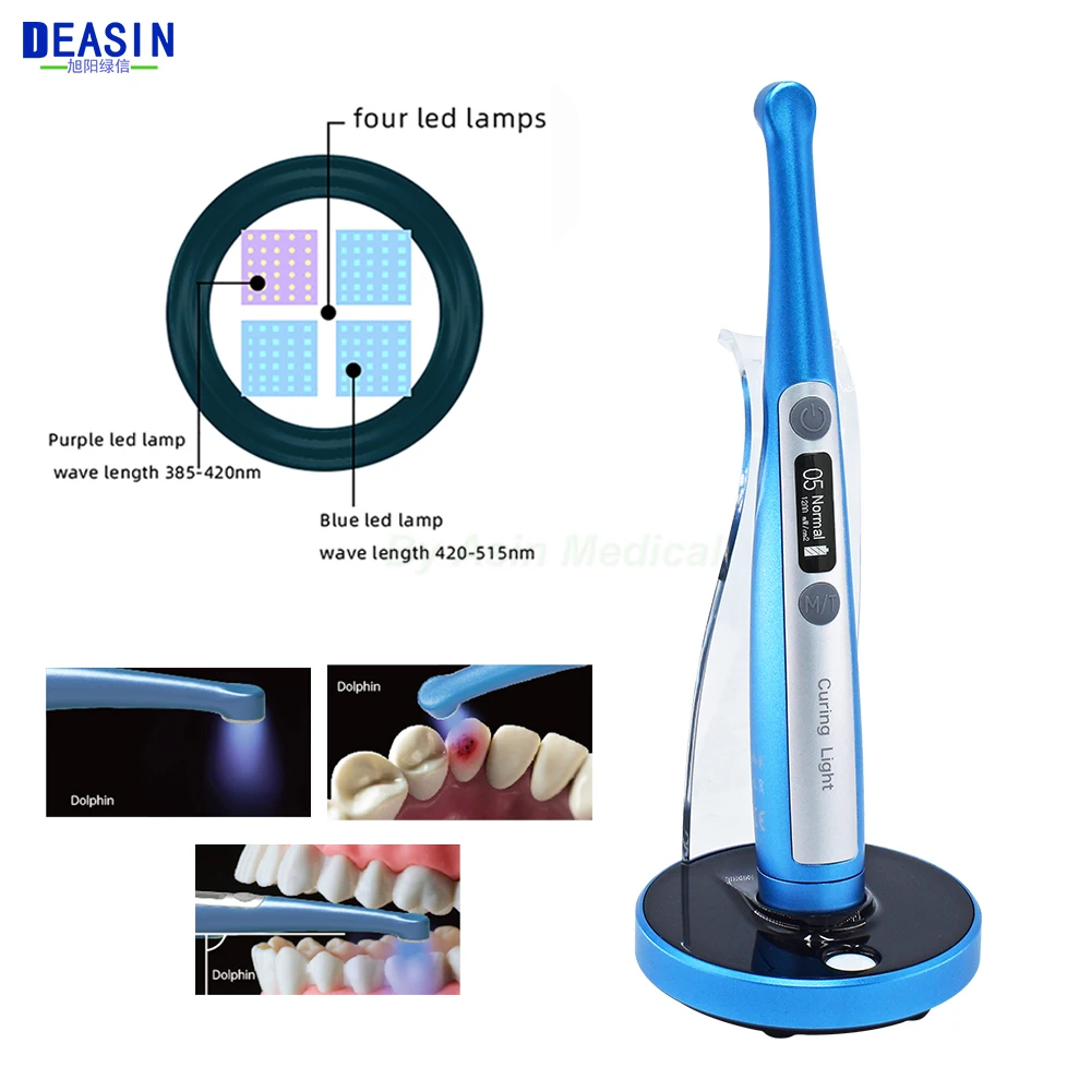 

Dental Dolphin lamp Cordless LED Curing Light Wide Spectrum1 Second With Caries Detector Built And Meter Max 2600 mW/cm²