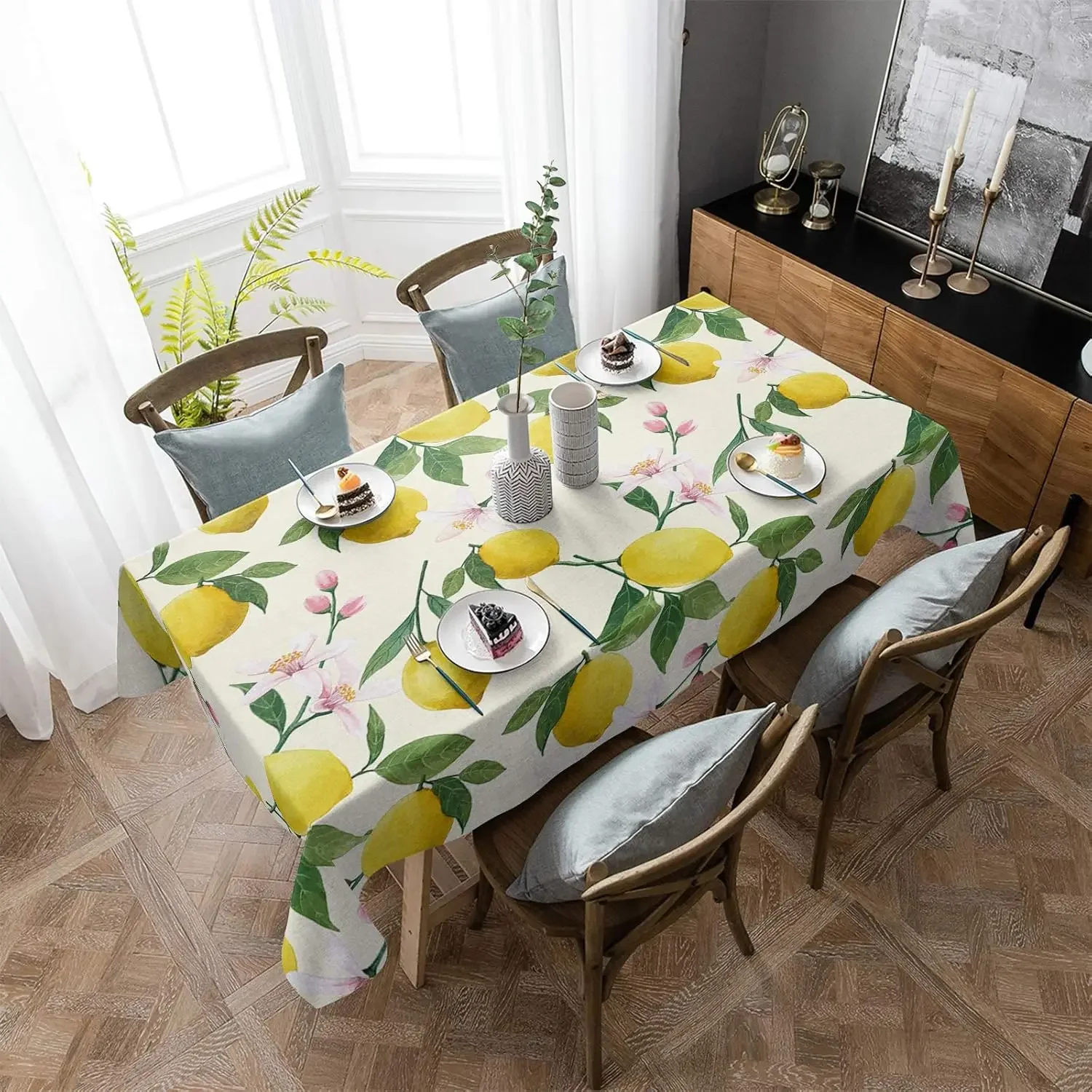 1pc Modern Lemon Print Tablecloth Yellow Green Fruit Pattern Table Cover For Dining Kitchen Party Decorative Dustproof Rectangu