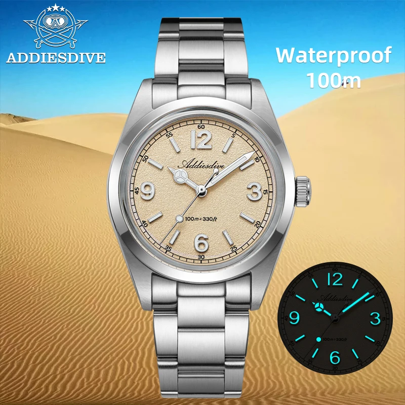 ADDIESDIVE AD2518 Men's Watch 100M Waterproof Quartz Watches VH31 Movement Domed Glass Super Luminous Stainless Steel Wristwatch