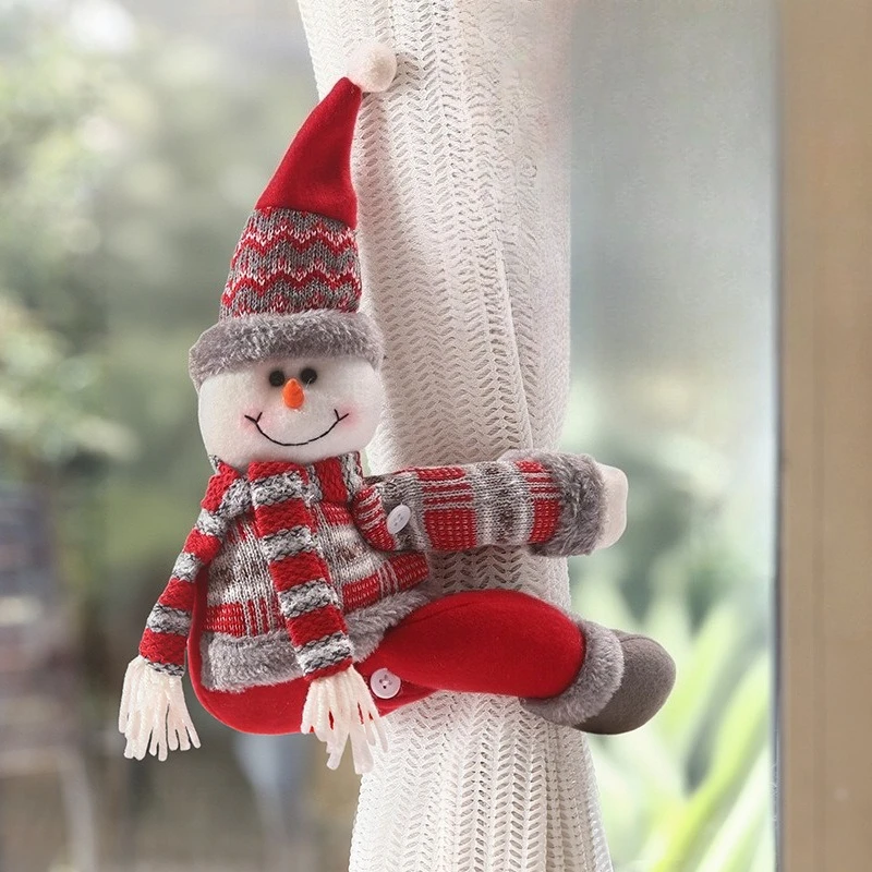 Christmas Santa Claus Snowman Window Decoration Curtain Tie Plush Doll, Christmas Curtain Buckle Frame Window Holiday Decoration