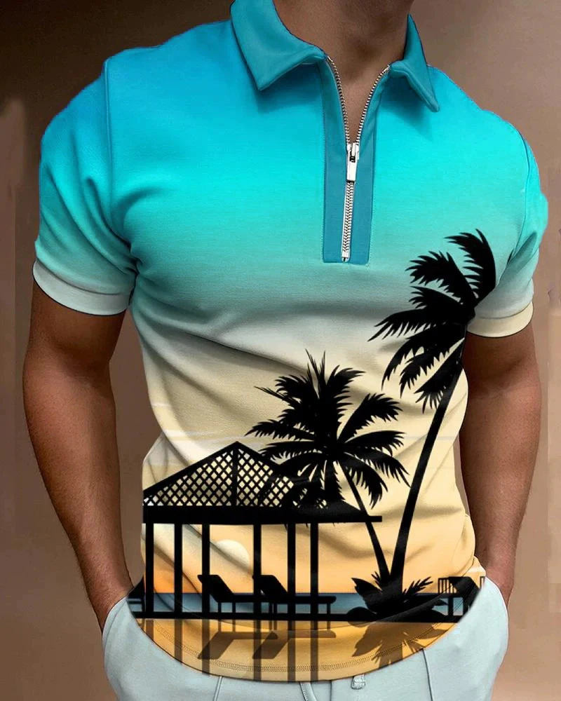 

New Beach Casual Coconut Tree Pattern Men's Polos T-Shirts Summer 3D Printed Street Short Sleeve Trend POLO Tee 6XL Plus Size