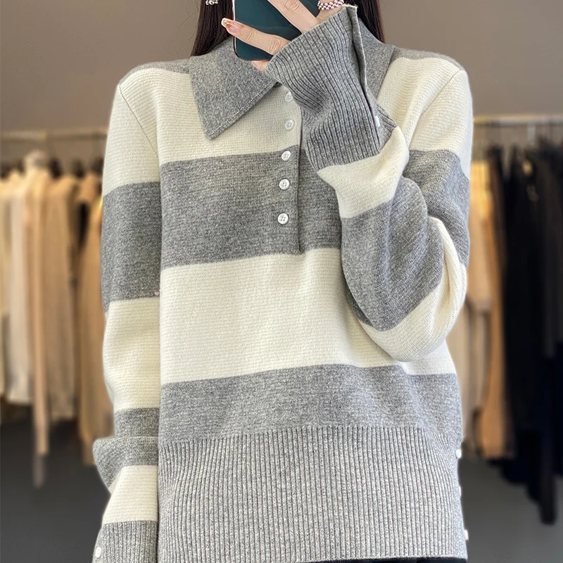 100% merino sweater women's POLO neck pullover Korean fashion striped loose knit sweater autumn and winter new thick top.