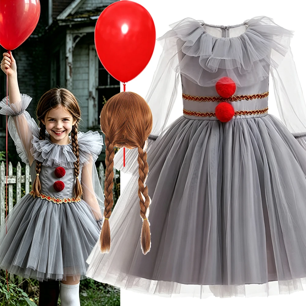 Kids Scary Clown Fancy Dress Outfit Ruffle Neck Tulle Dress With Red Pom Pom Decor For Girl Halloween Trick Or Treat Party