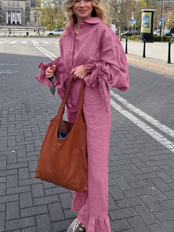 가을 캐주얼 라펠 벨 슬리브 오픈 가디건 탑과 바지 세트 여성용 롱 코튼 사계절 패션 세트