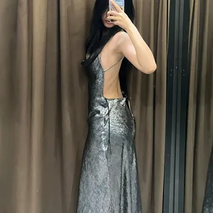 TRAFZA-Uzun Elbise Askısı-Gümüş, Saten, Kadın, Kolsuz, Sırtı açık, ekip Boyun Drapinada, Spagetti Sapanlar Parti Gecesi-Kadın Modası Elbisenin ilk 10 satışı saten ve gümüş 8 numara