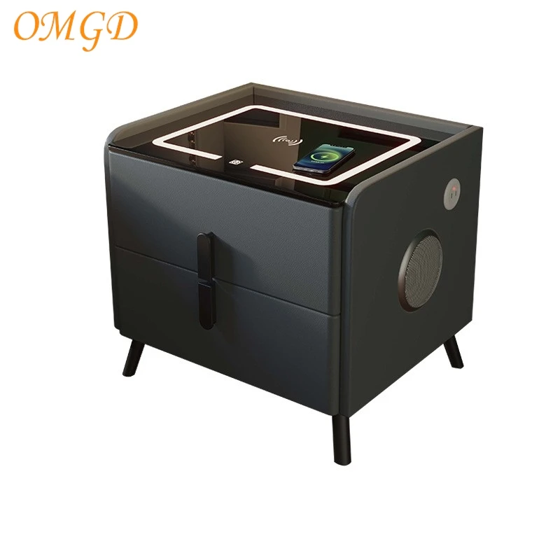 OMGD Upholstered Smart Nightstand Modern Minimalist Narrow Bedside Cabinet With Lights Wireless Charging Tri-Colour Lights