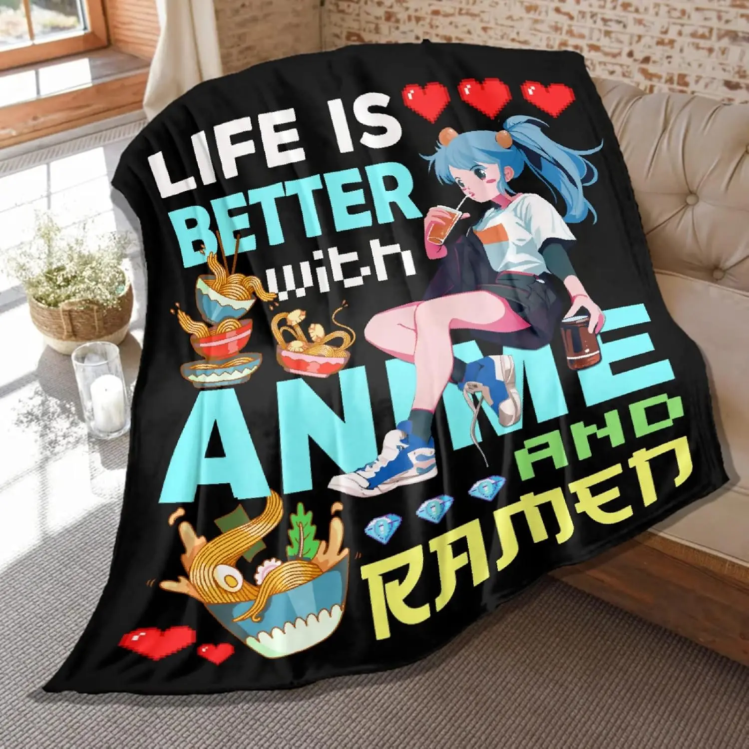 

Anime Blanket Gift, Life Better Anime and Ramen Printing, Soft and Light Plush Blanket for Bed Sofa Room Decoration