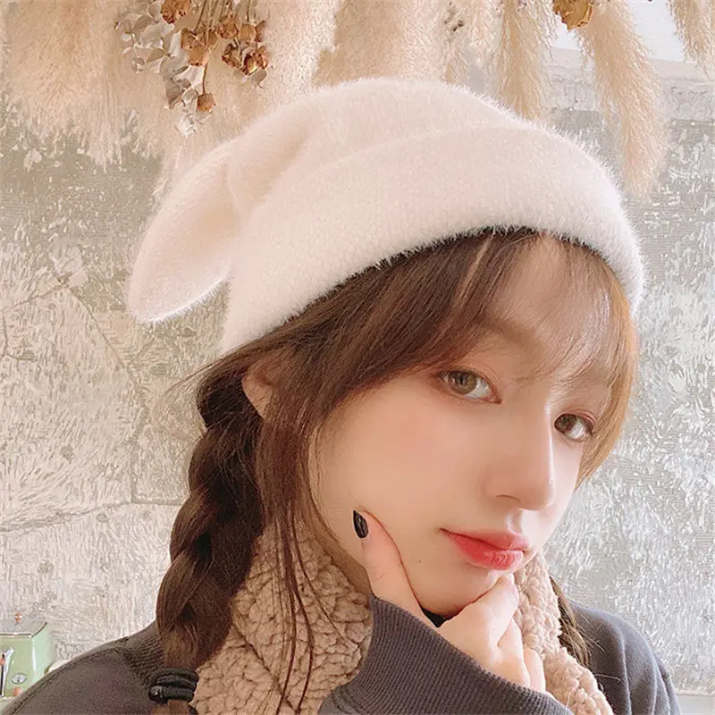 Cute Rabbit Ears Hat Women Autumn Winter Warm Knitted Panama Hat Korean Soft Rabbit Fur Beanie Cap Girls Skullies Ski Hat Gorras