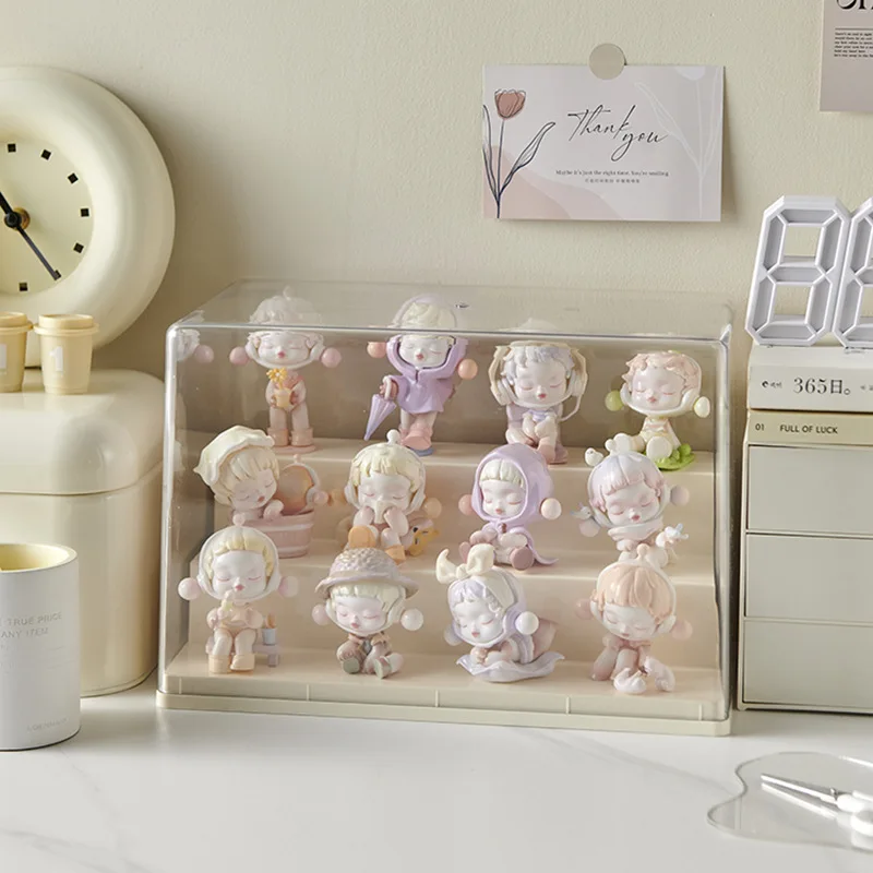 

Cute Cream Style Storage Box Desktop Dustproof Doll Display Cabinet Ladder Trendy Toy Display Rack