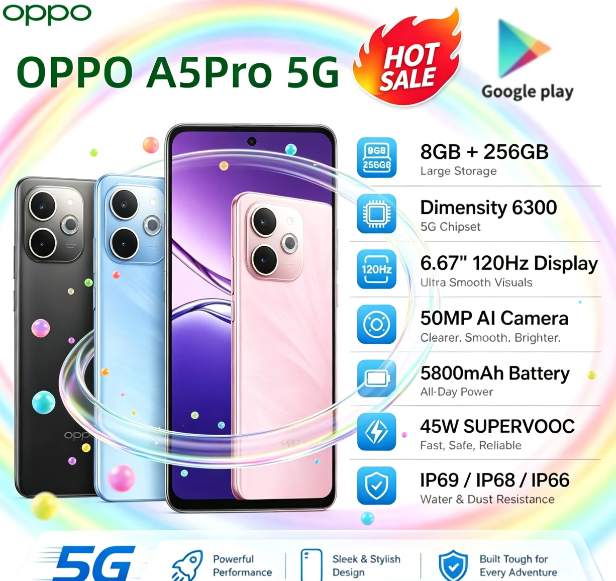 Best Seller 2026 Global Version OPPO A5Pro Unlocked Mobile Phone 8GB RAM 256GB ROM 6.5'' HD+ Waterdrop Display MediaTek Helio