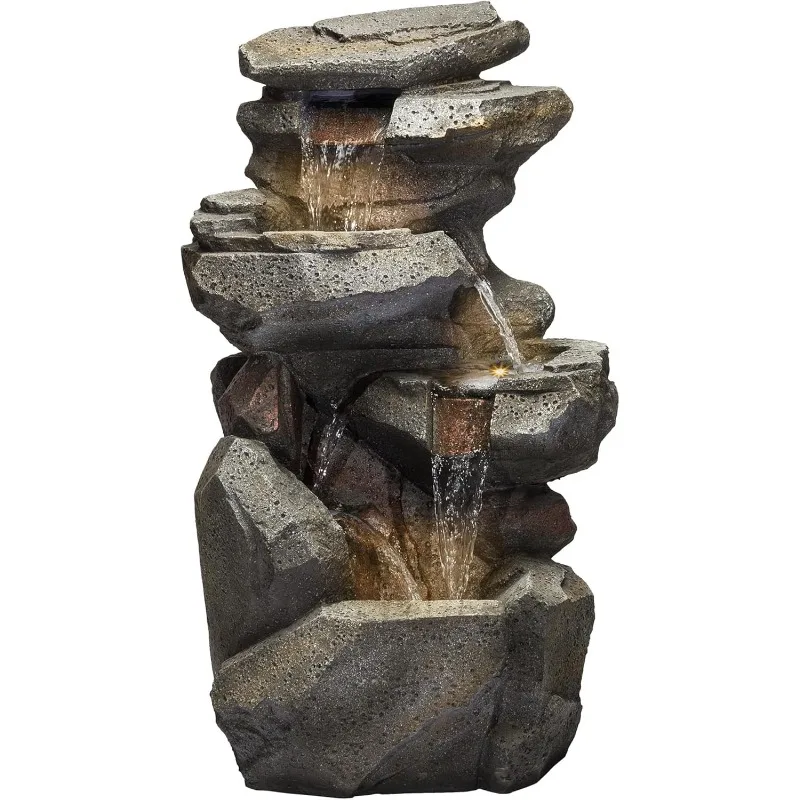 Outdoor 5-level rock waterfall fountain with natural stone exterior LED lights, 40 inches