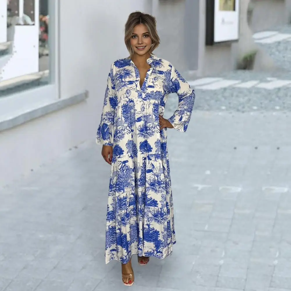 

Ankle-length Dress Elegant Floral Print V Neck Maxi Dress for Women Long Sleeve Patchwork Pleated A-line Hem for Office Outings