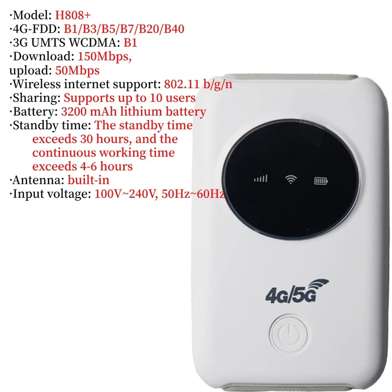 H808+ Mobile Wifi Router 4G Lte 150Mbps With SIM Card Slot Hotspot For Outdoor Travel