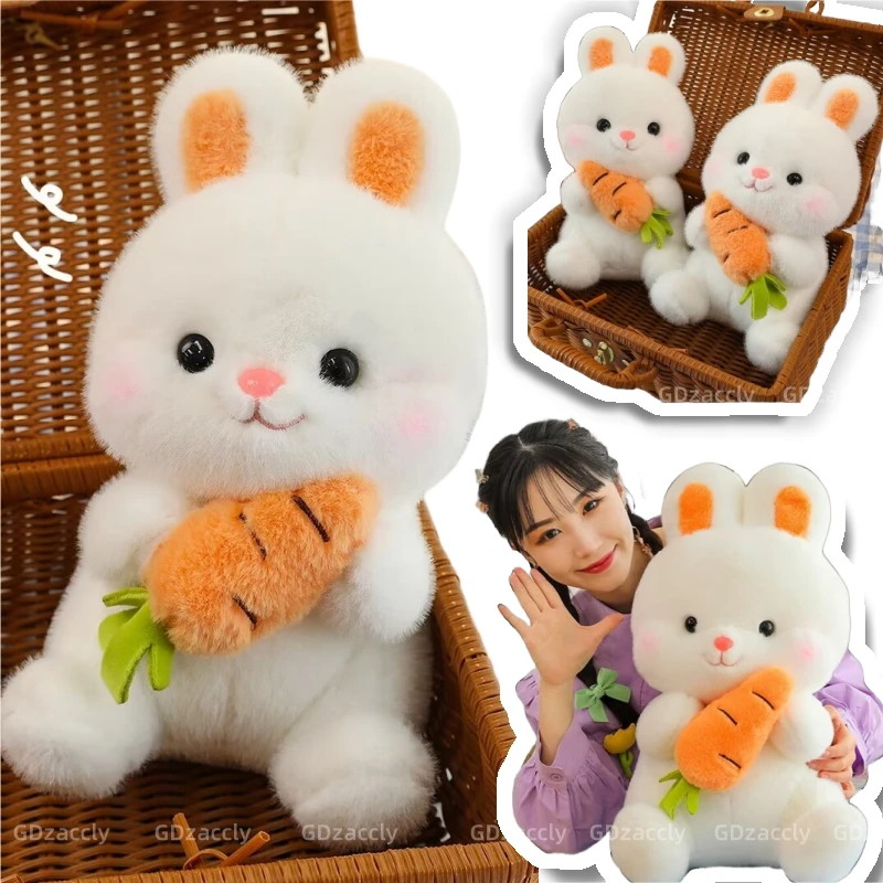 25-50cm Adorable Fuzzy Bunny Hold Carrot Plush Toy Stuffed White Rabbit with Foods on Hand Kids Hug Cuddly Plushie for Children