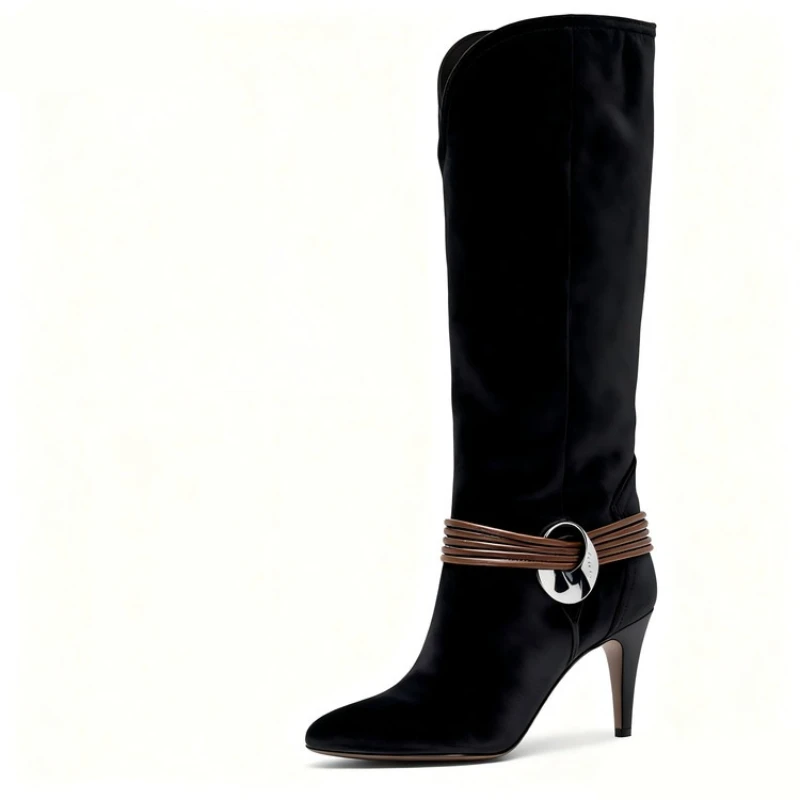 

2025 Autumn Andwinter Cowsuede Beltbuckle Decoration Pointed Sleeveknee Highboots European AndAmerican Retro Western Short Boots