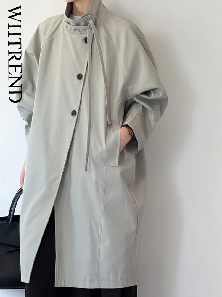 

WHTREND Autumn New Style Temperament Trench Women's Long Stand Collar Single Breasted Fashion Windbreaker Coat WH1222