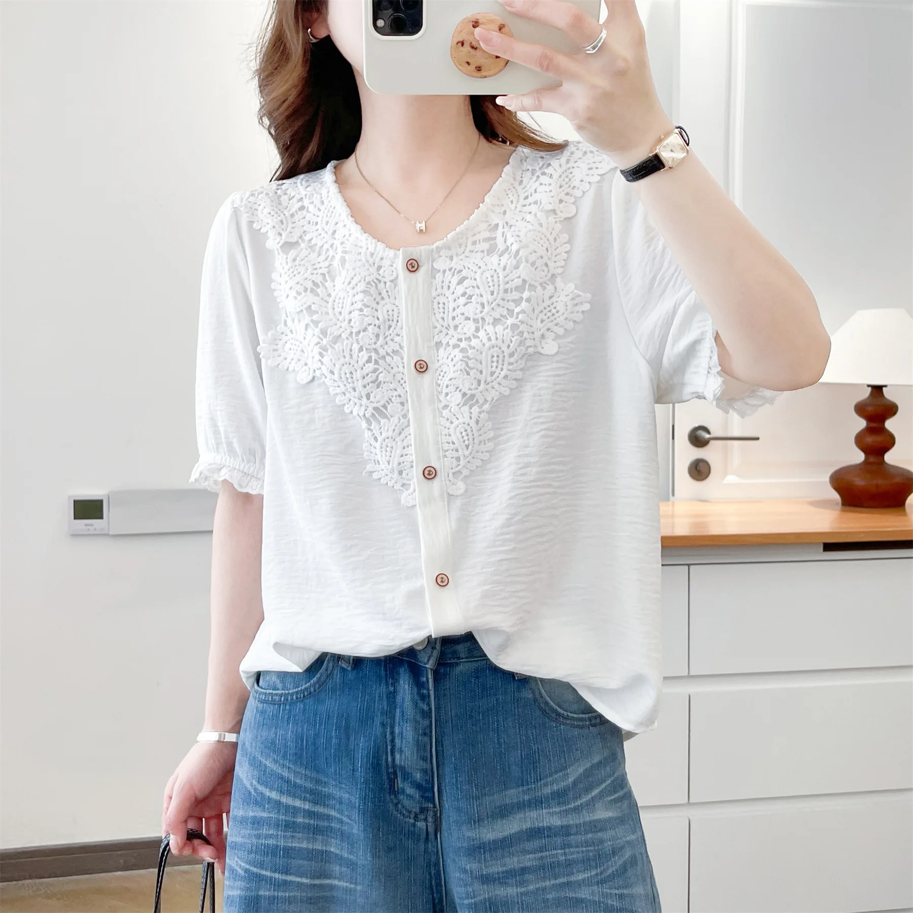 2026 Summer New Plus Size Ice Silk Blouse Short Sleeve Lace Patchwork Open Front Cardigan Loose Oversized Shirt For Women view 3