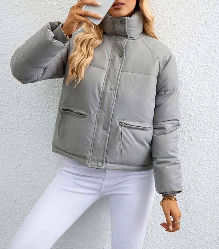 

Winter Coat for Women 2023 Autumn Fashion Zipper Pocket Design Casual Stand Collar Long Sleeve Plain Daily Baggy Puffer Jacket