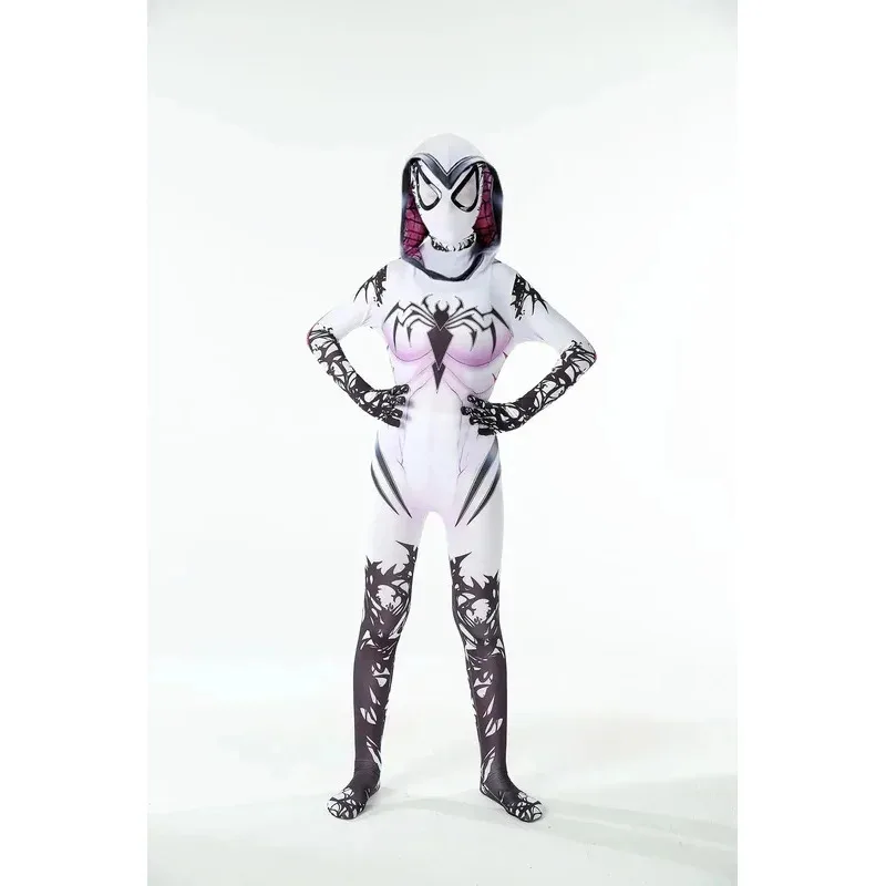MINISO Spider Gwen Stacy Cosplay Costumes Women 3D Print Adult Jumpsuits Onesies Halloween Clothes Soft Material With Hat Mask