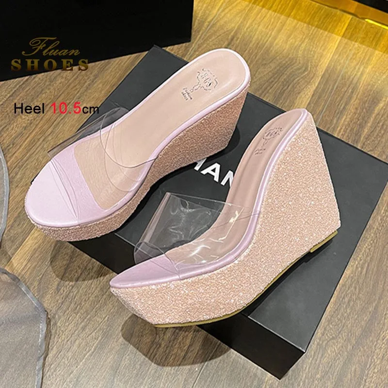 

2025 Wedge Heel Gold Sequin Clear Sandals Women Height Increase Slippers Fashion Platform Shoes Summer Super High Heels Slippers
