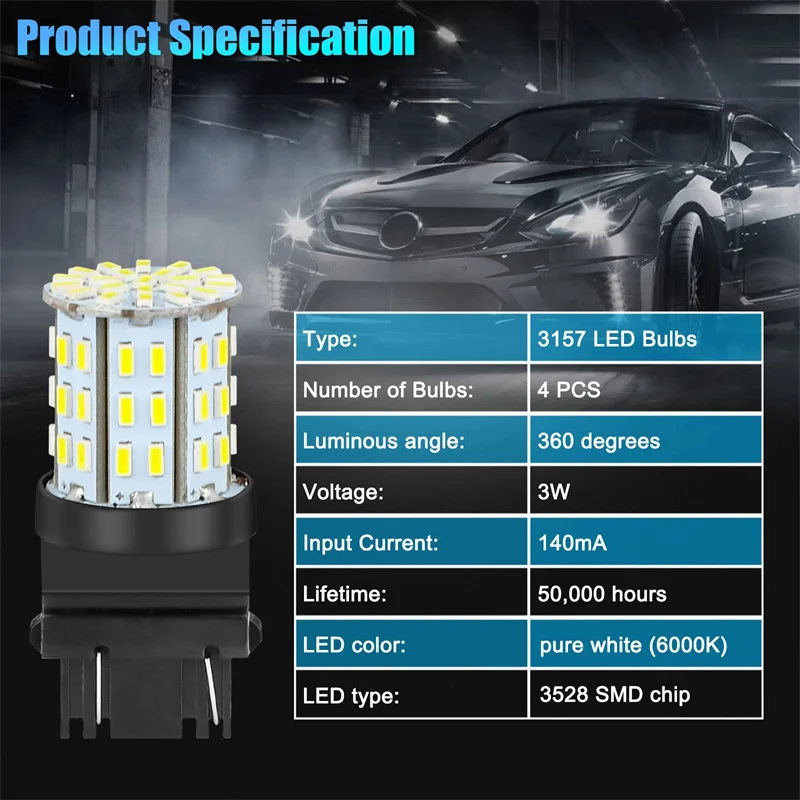 

4Pcs 3157 LED Bulb White, 4157 3156 LED Reverse Light Bulbs Super Bright For Tail Brake Lights Backup Lights Turn Signal Lights
